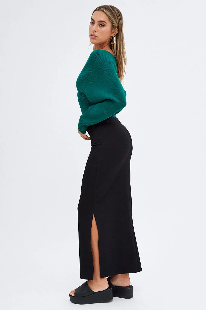 Black Maxi Skirt Low Rise Ponte