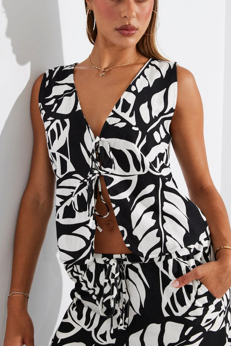 Black Abstract Tie Up Top Linen