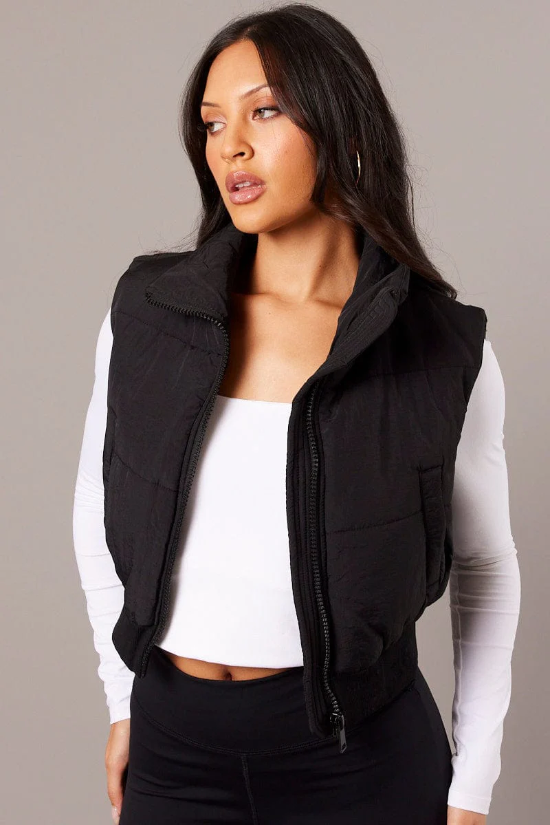 Black Short Puffer Jacket Sleeveless with Pockets
