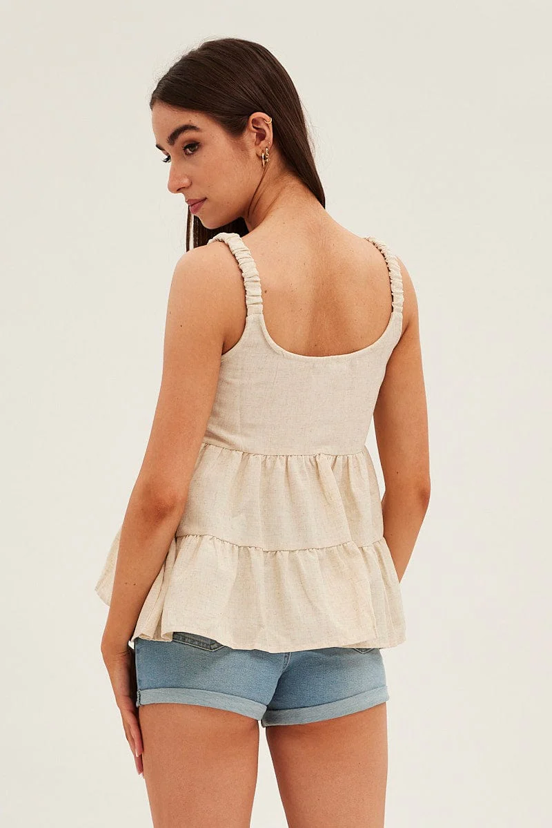Beige Tiered Top Sleeveless Scoop Neck Linen Blend