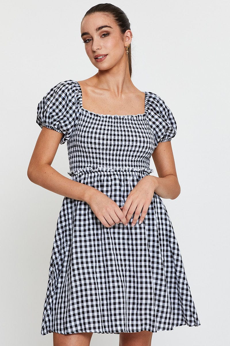 Check Mini Dress Short Sleeve Square Neck
