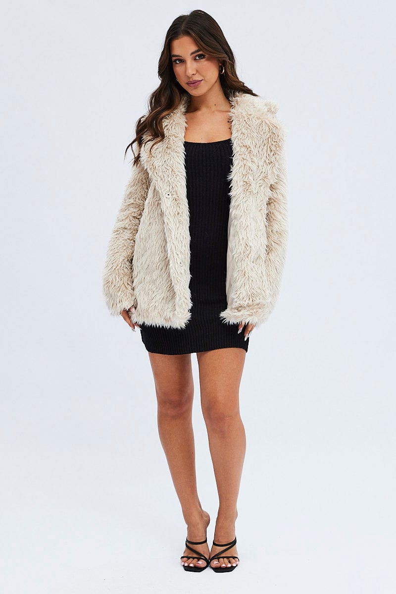 Camel Jacket Long Sleeves Collared Faux Fur