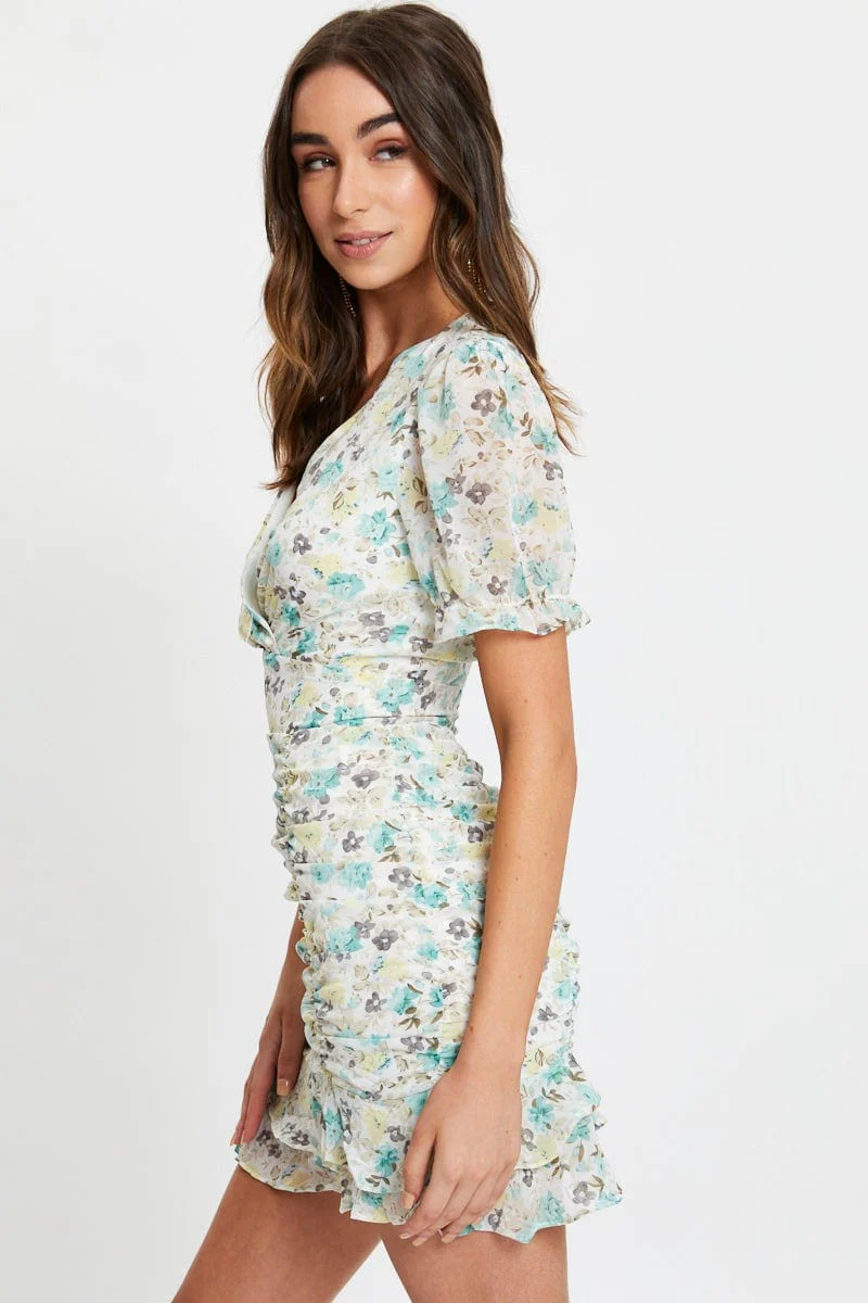 Print Puff Sleeve Ruched Dress