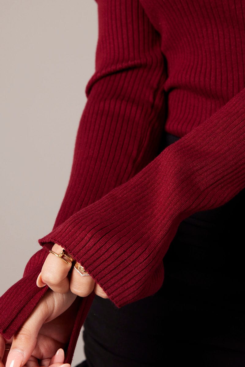 Red Knit Top Long Sleeve Off Shoulder