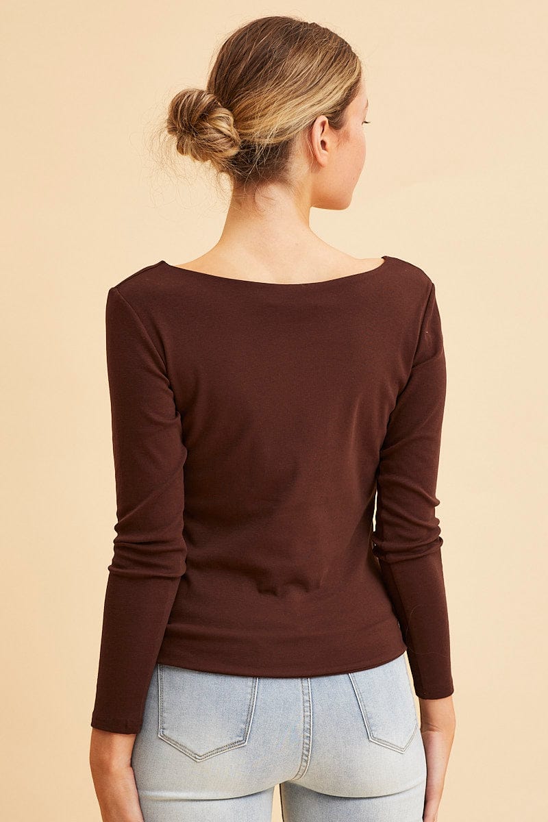Brown V Neck Top Long Sleeve Cotton Stretch