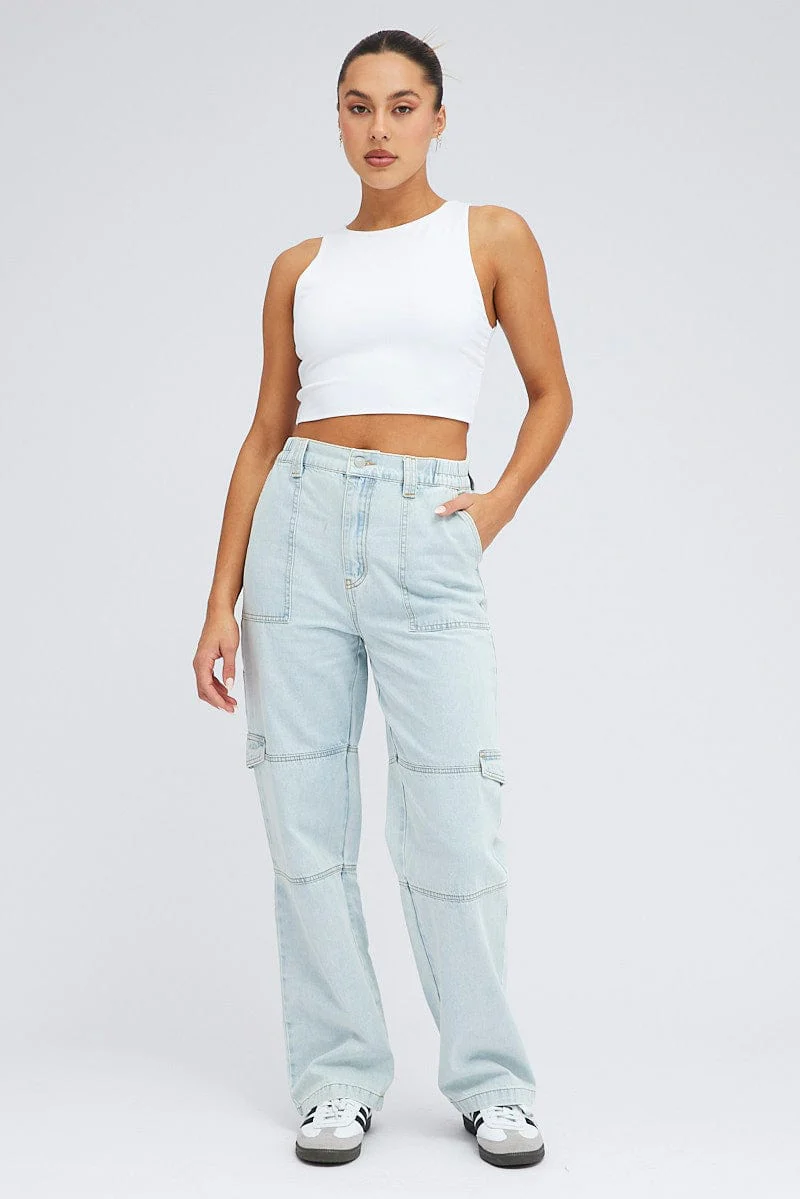 Denim Cargo Jeans Elastic Waist