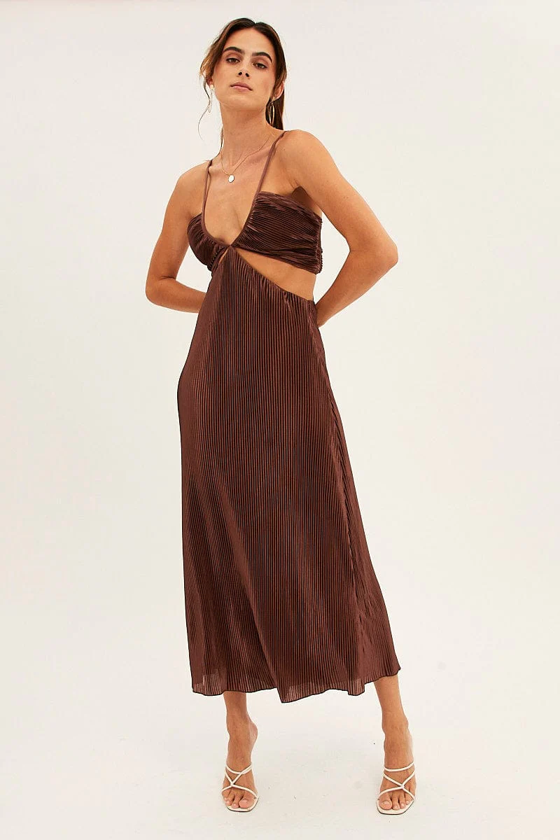 Brown Plisse Midi Dress Tie Back