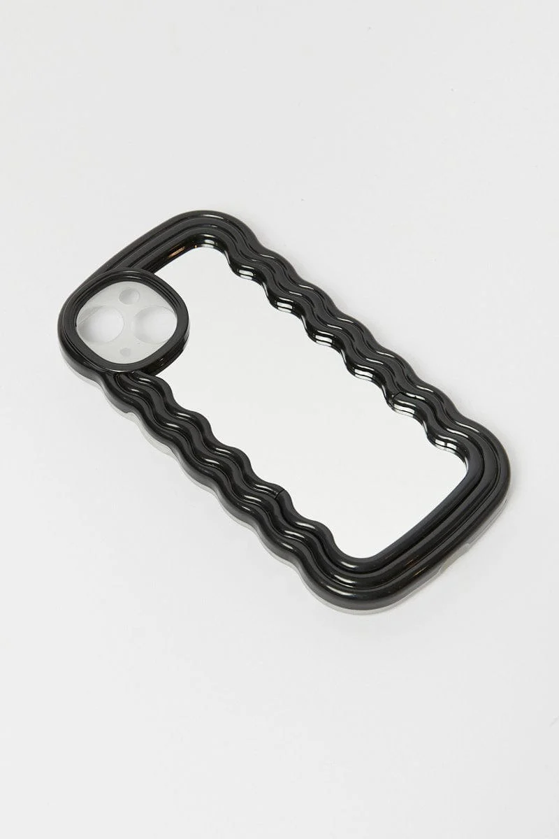 Black iPhone 14 Wavy Abstract Mirror Case with Holder