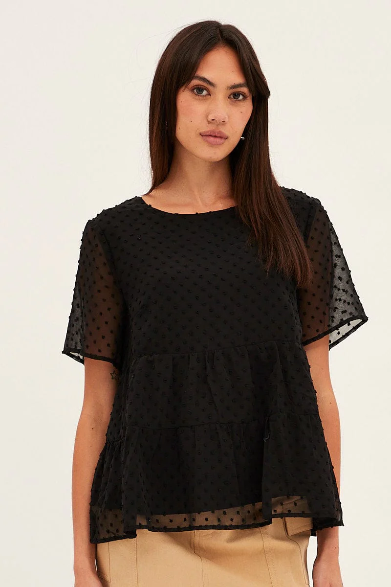 Black Dobby Chiffon Flutter Sleeve Tiered Hem Top