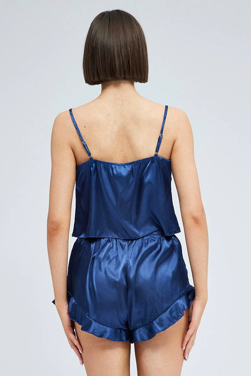 Blue Satin Cami And Ruffle Shorts Pyjama Set