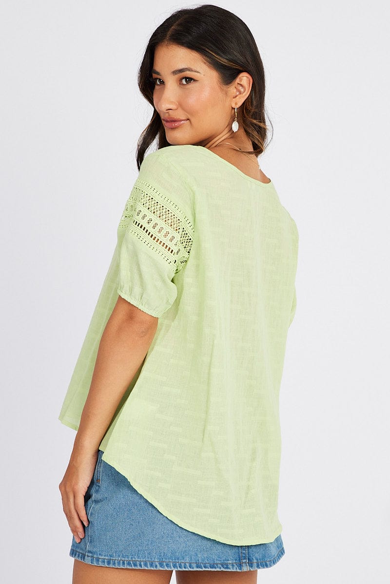Green Top lace details sleeve texture cotton