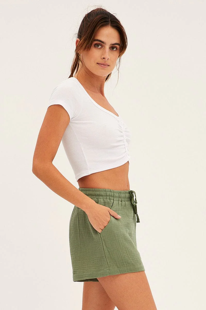 Green High Waist Shorts Elastic Waist