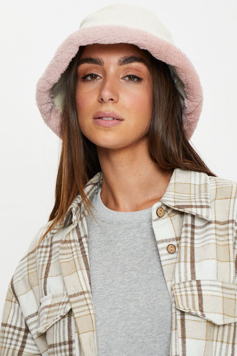 White Cord Teddy Fur Trim Bucket Hat