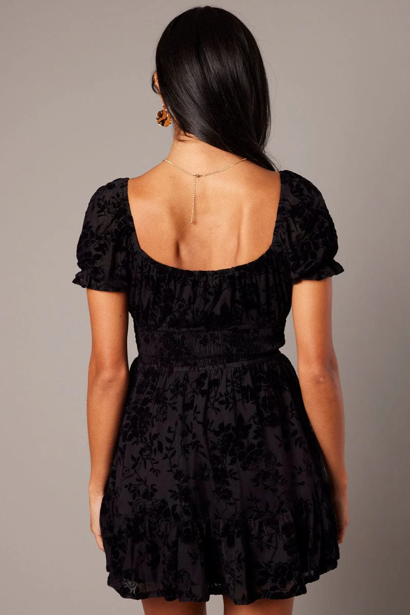 Black Fit And Flare Dress Puff Sleeve Mini Burn Out