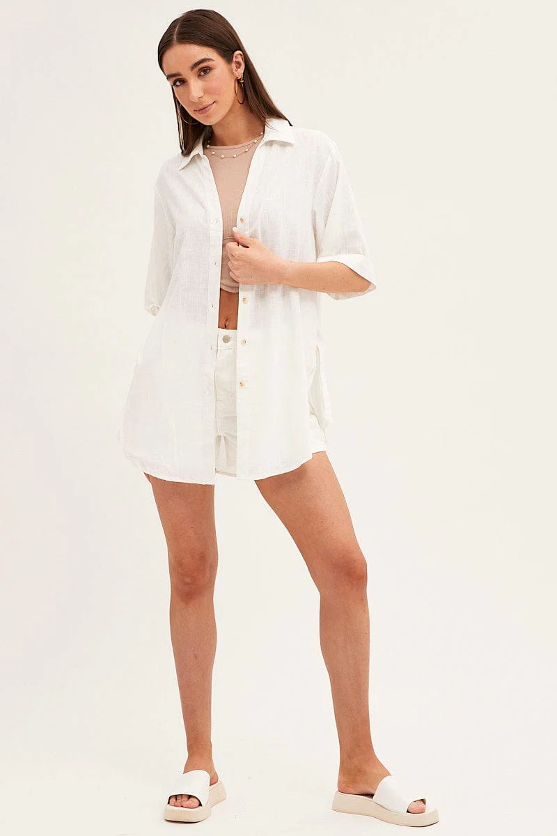 White Long Line Roll Sleeve Collared Button Front Shirt