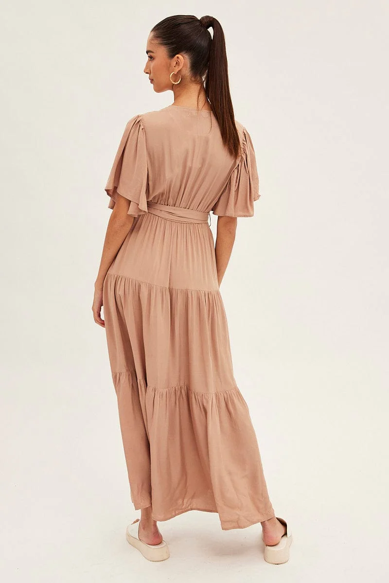 Beige Maxi Dress Short Sleeve Wrap Front Tiered