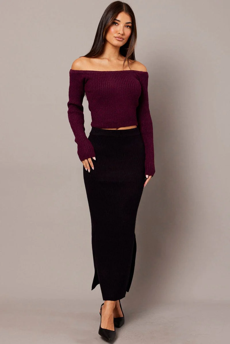Red Knit Top Long Sleeve Off Shoulder