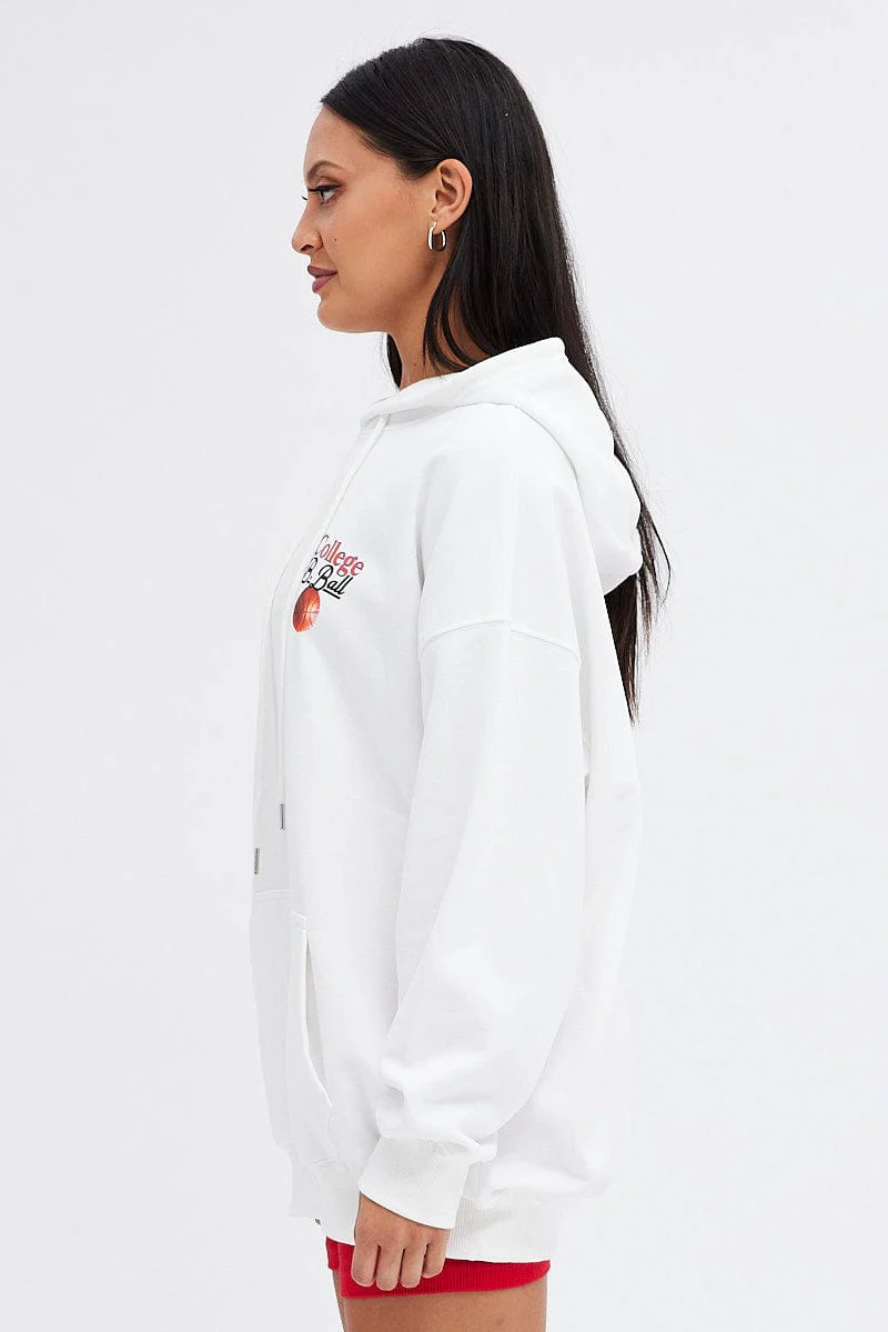 White Hoodie Sweater Long Sleeve Longline Basketball