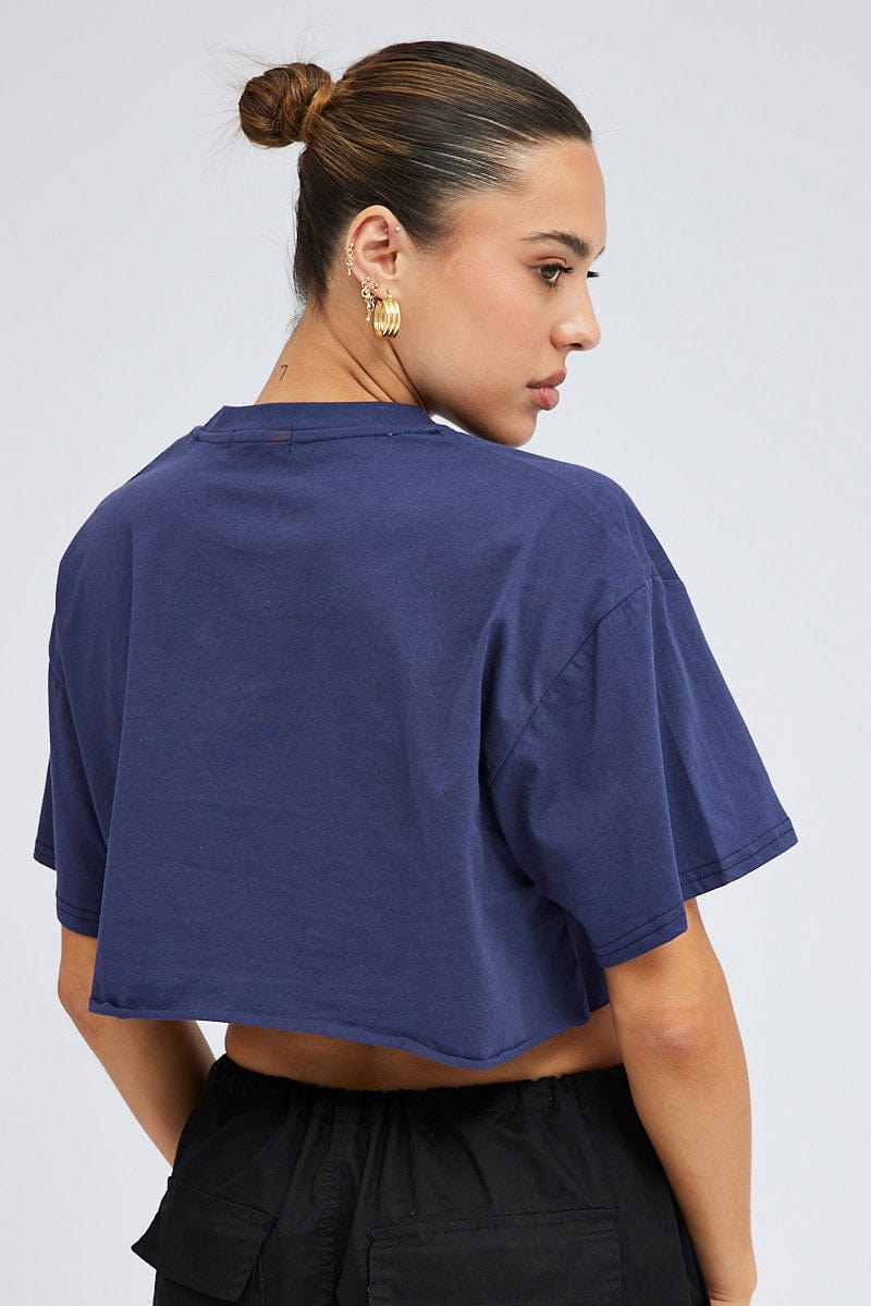 Blue Print Graphic Tee Crop Relaxed Varsity Slogan T-shirt