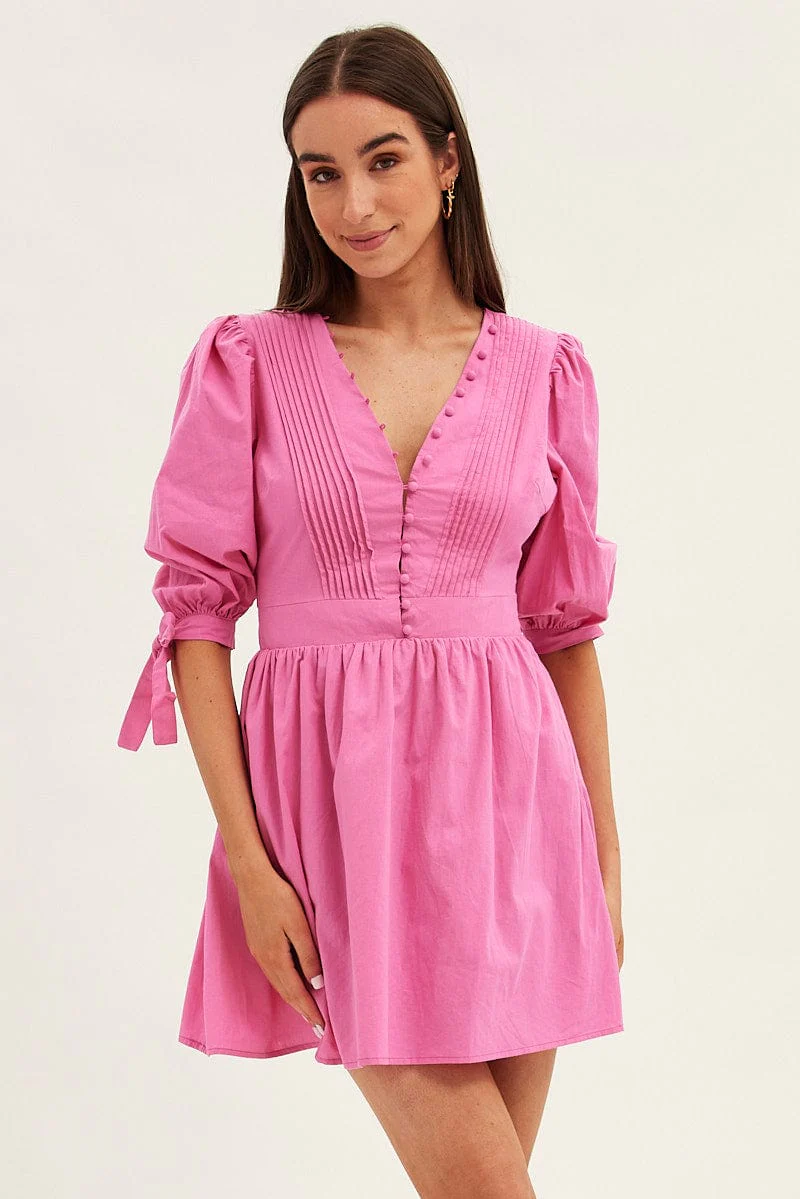 Pink Button Dress Puff Sleeve V Neck Cotton