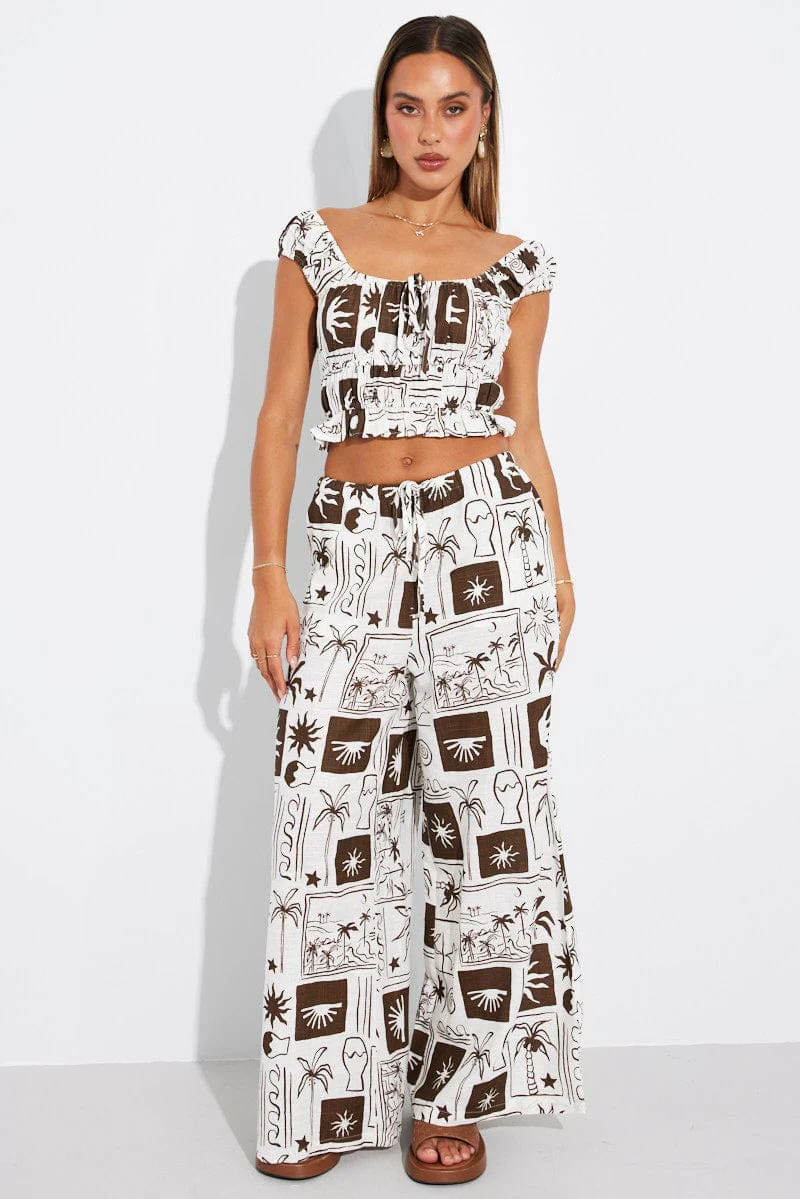Brown Abstract Crop Top Short Sleeve Linen