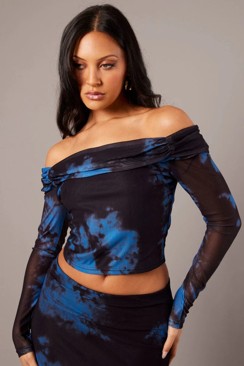 Blue Abstract Off Shoulder Top Long Sleeve Mesh