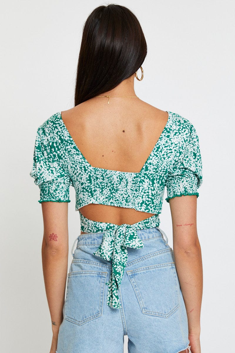Ditsy Print Crop Top Short Sleeve Tie Up