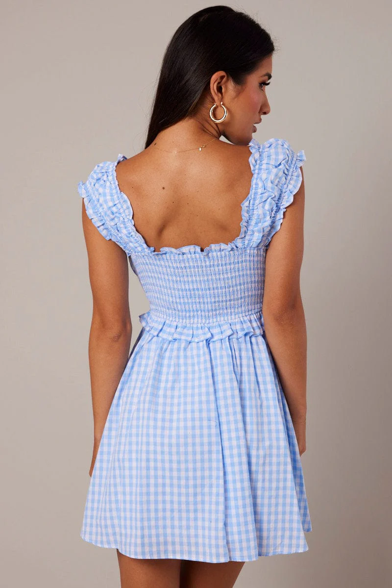 Blue Check Fit And Flare Dress Sleeveless