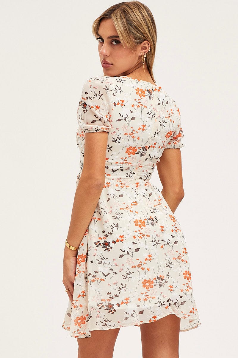 Print Fit And Flare Dress Short Sleeve V Neck