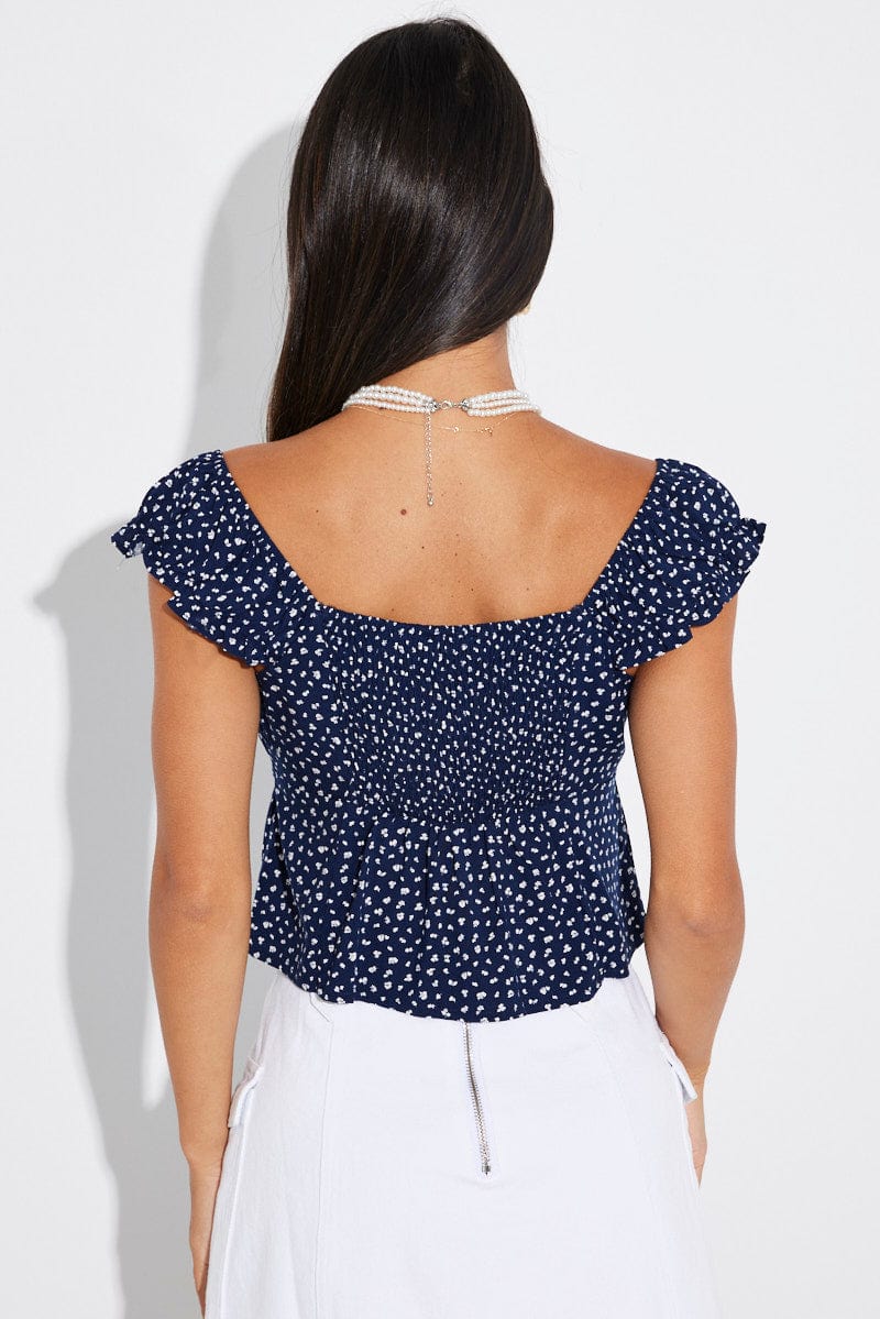 Blue Ditsy Puff Sleeve Top Short Sleeve