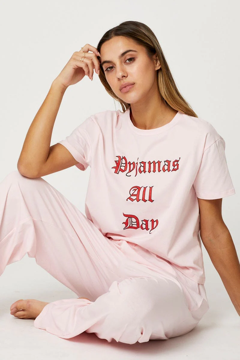 Pink Slogan Long Leg Pyjama Set