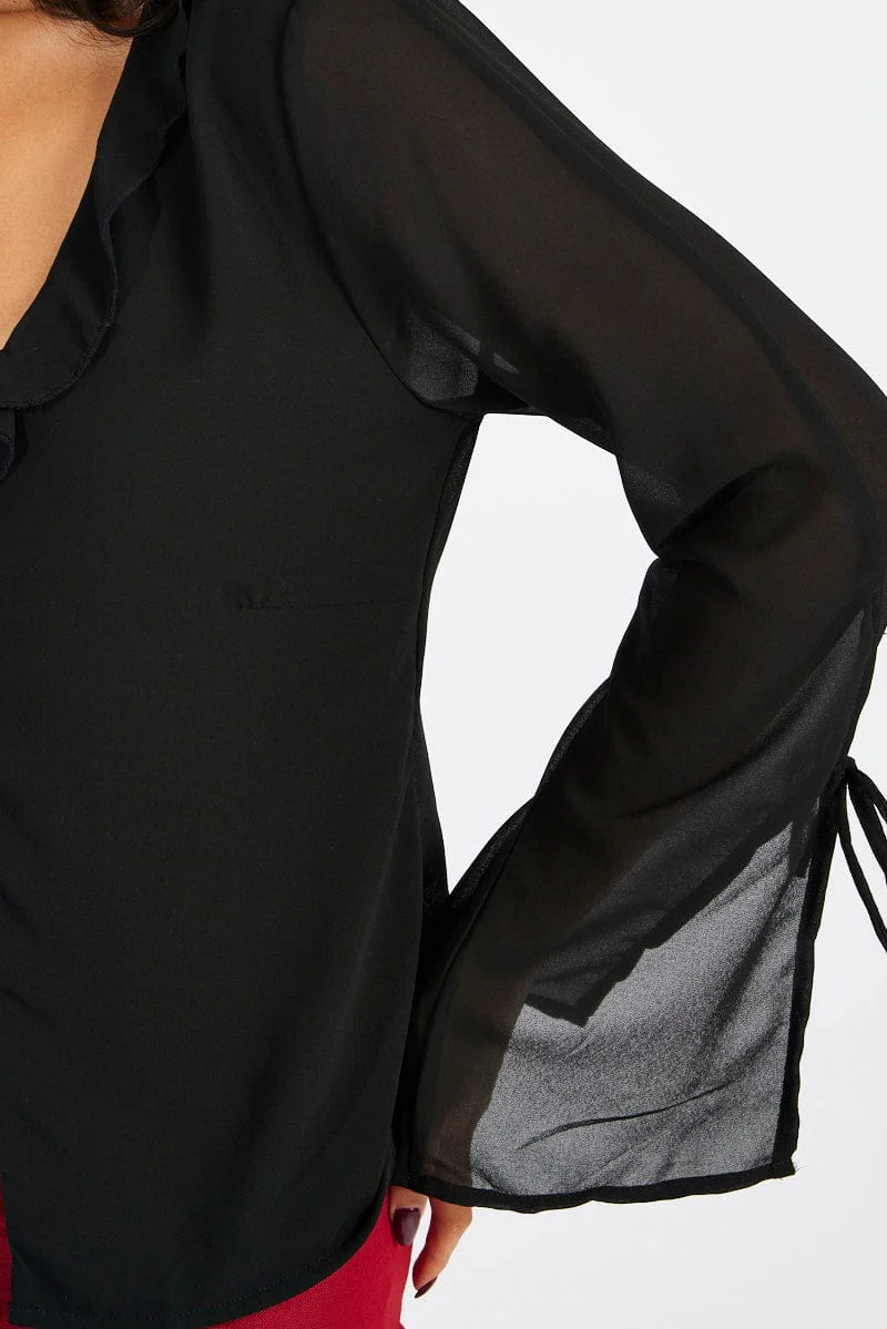 Black Frill Split Top Tie Front Long Sleeve