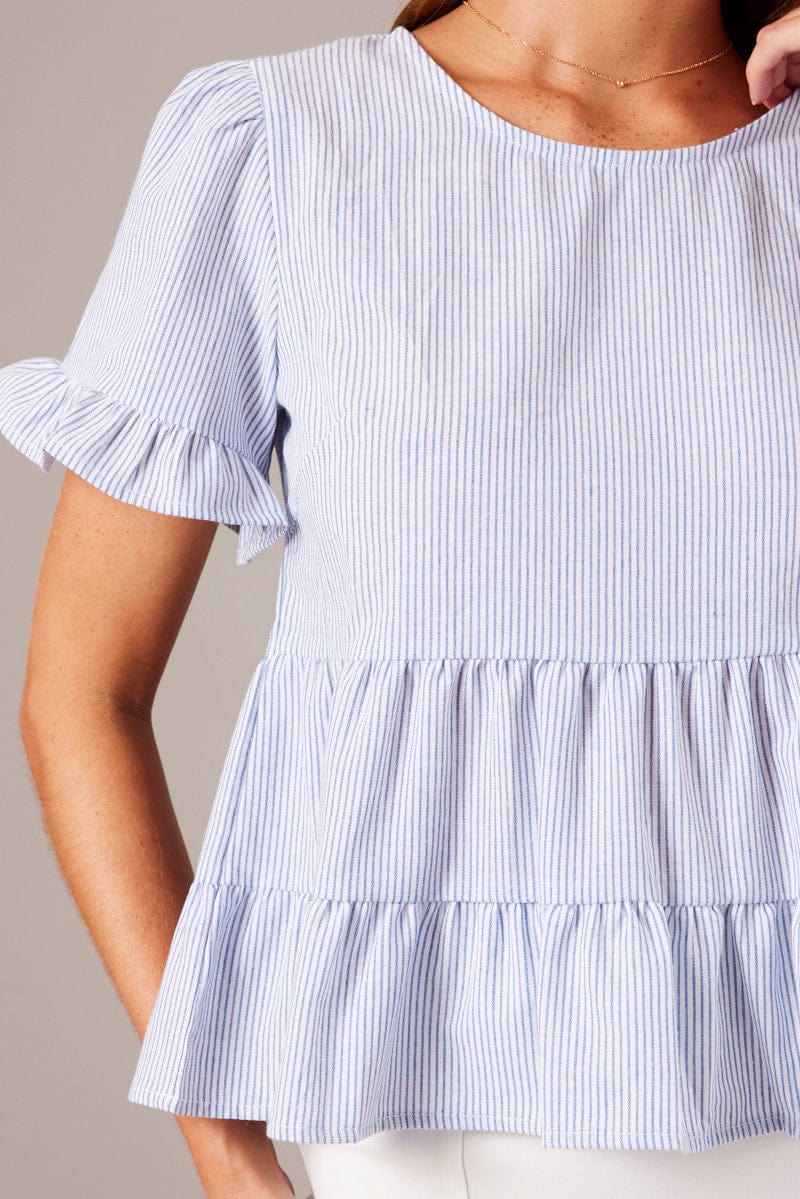Blue Stripe Ruffle Top Short Sleeve