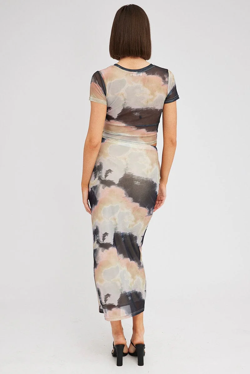 Brown Abstract Maxi Skirt High Rise Mesh