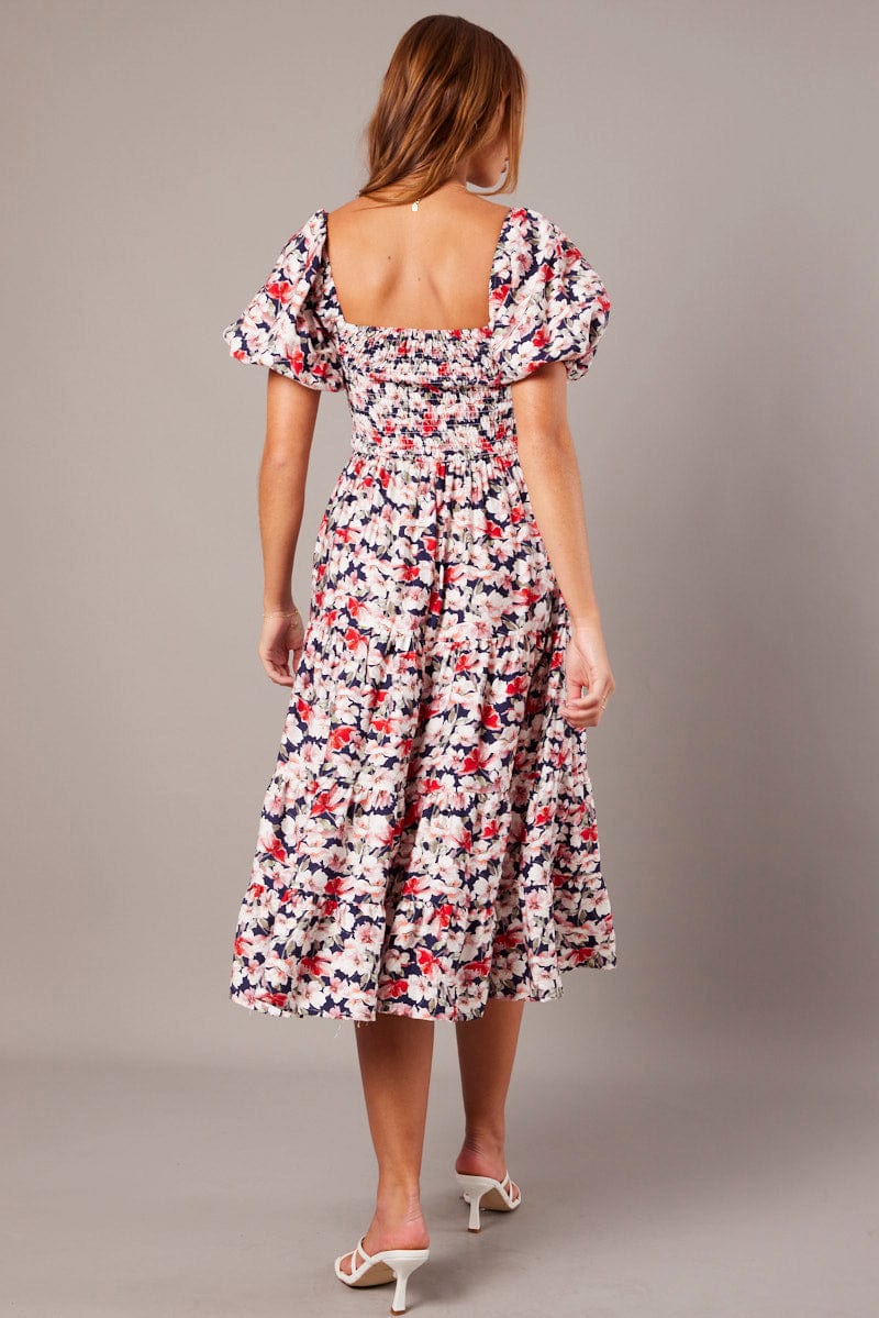 Blue Floral Midi Dress Puff Sleeve Shirred Bust