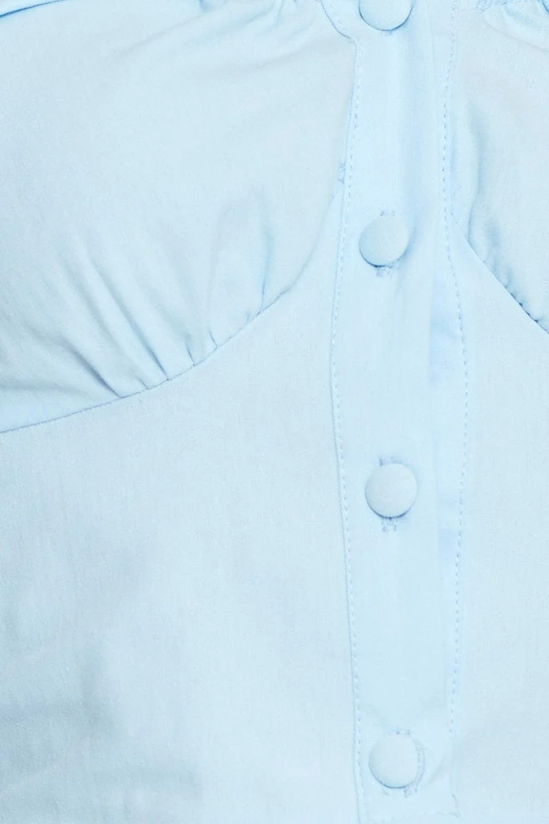 Blue Crop Top Short Sleeve Sweetheart Button Front