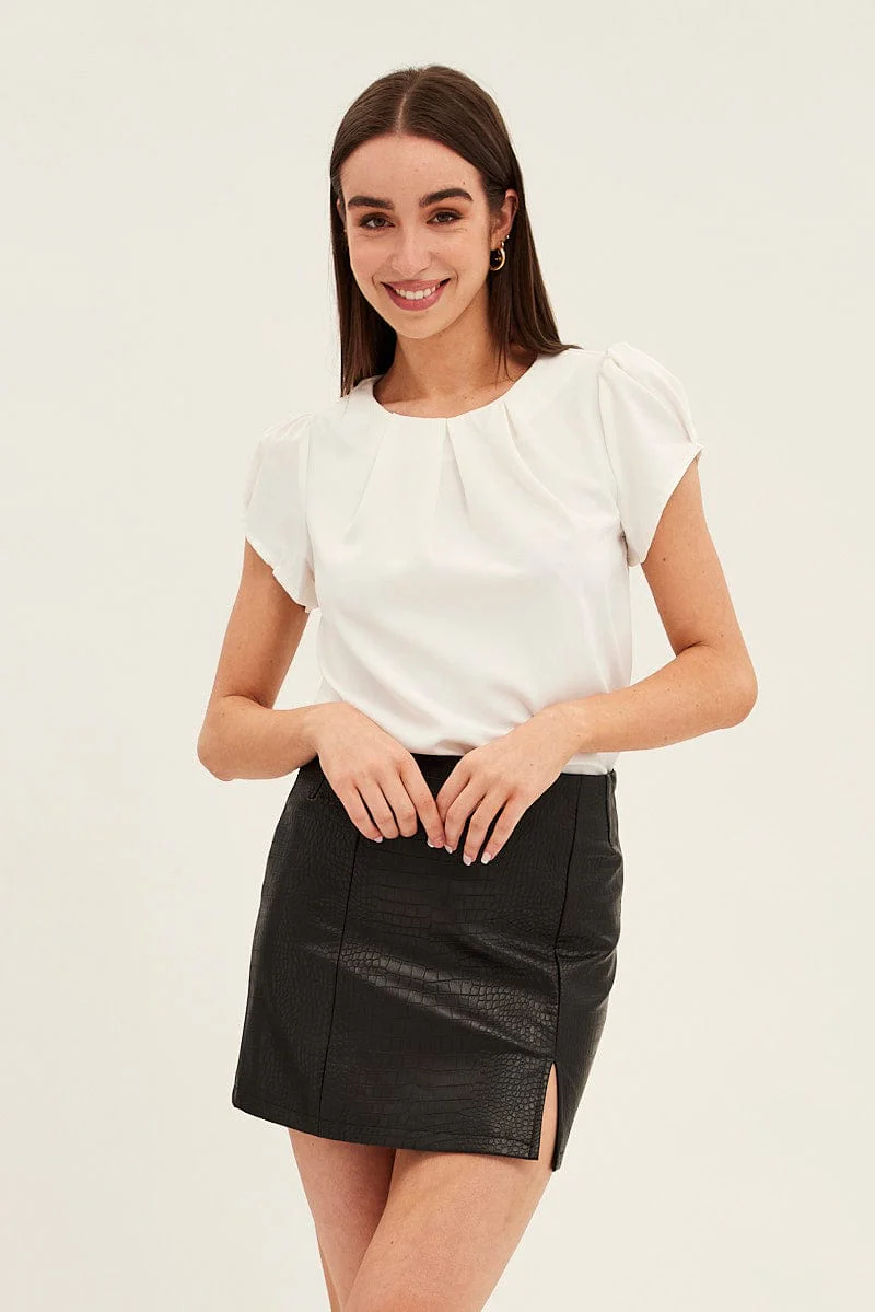 White Top Cap Sleeve Pleat Detail Workwear