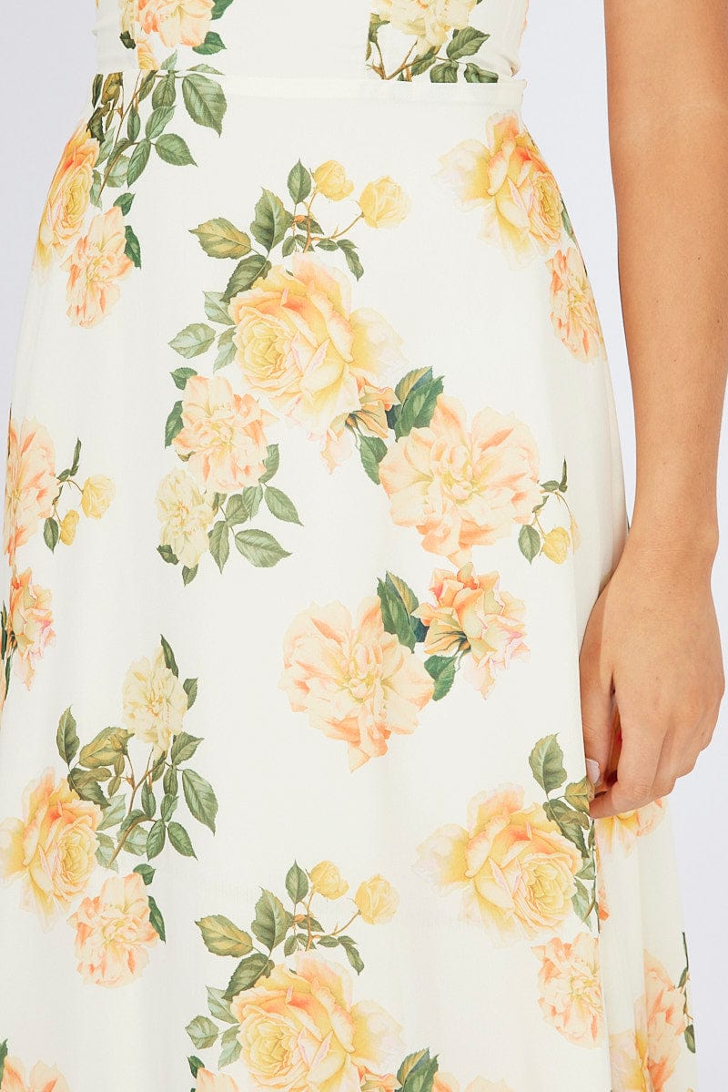 Yellow Floral Midi Dress Sleeveless Tie Shoulder
