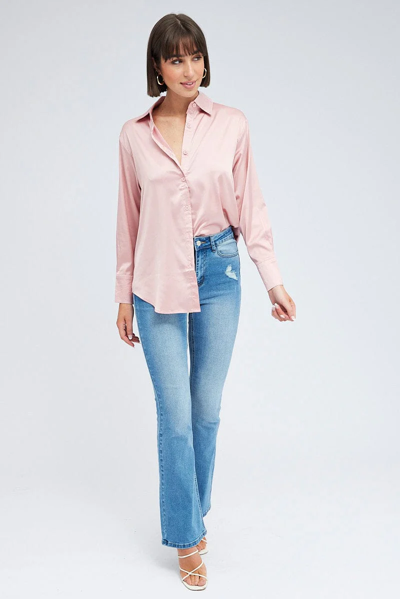 Pink Shirt Long Sleeve Collared Neck Satin