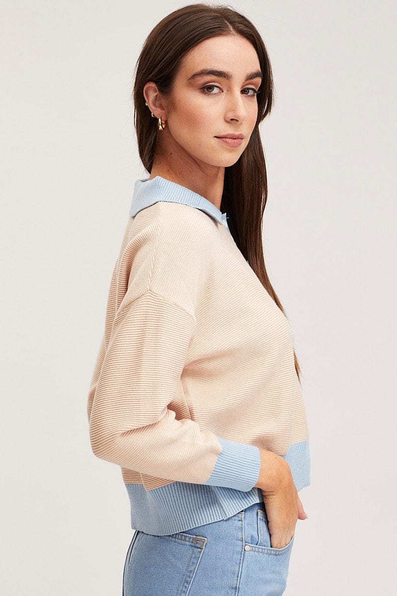 Beige Knit Top Long Sleeve Collared