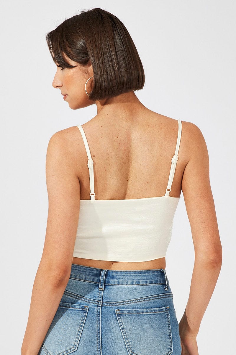 White Cami Top Sleeveless Cowl Neck Crop Satin