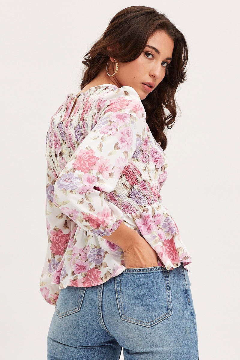 Print Shirred Top Long Sleeve