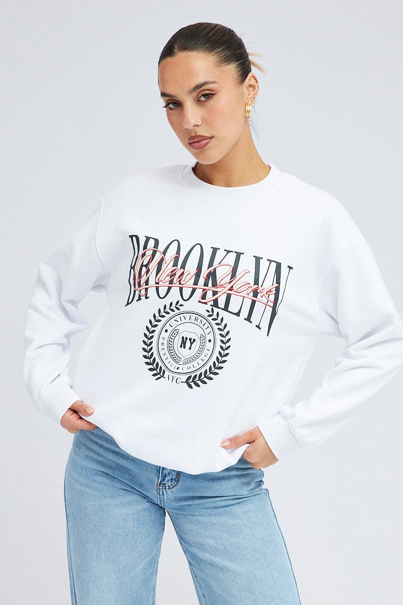 White Sweat Shirt Long Sleeve Crew Neck Brooklyn