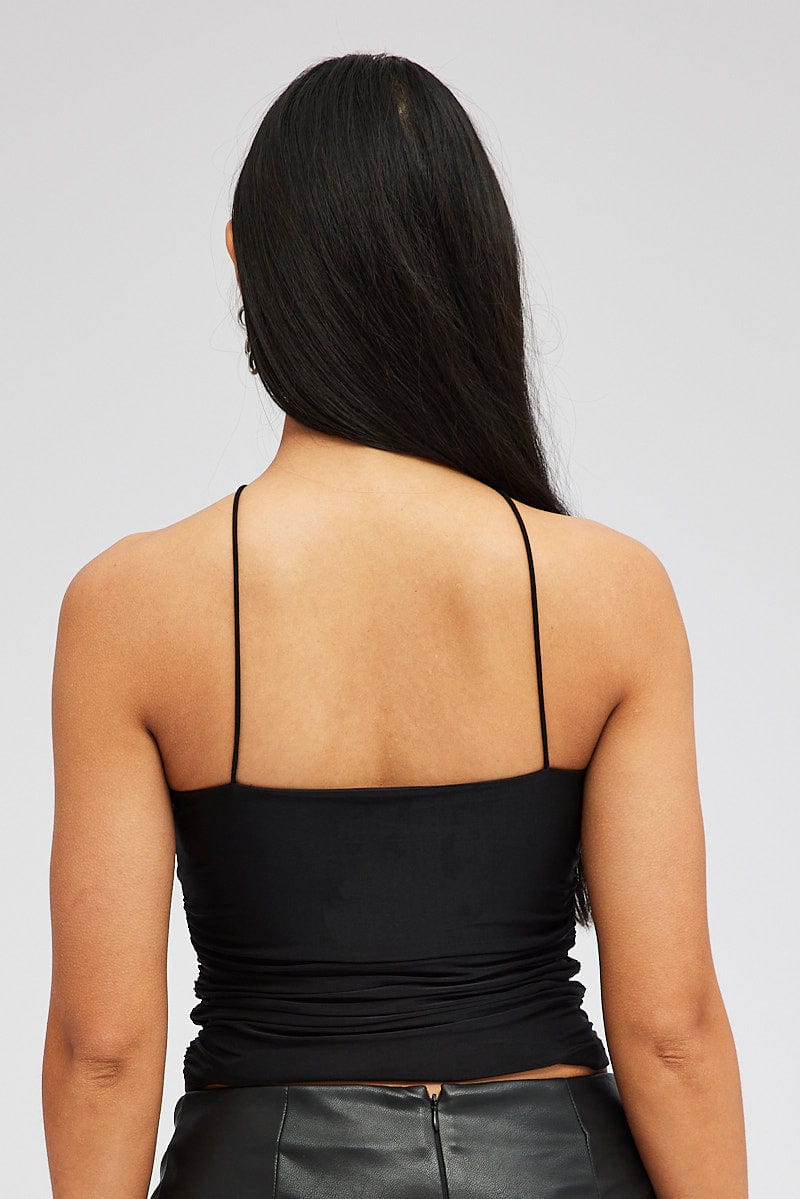 Black Rose Top Halter Neck Crossover Rosette Stretch