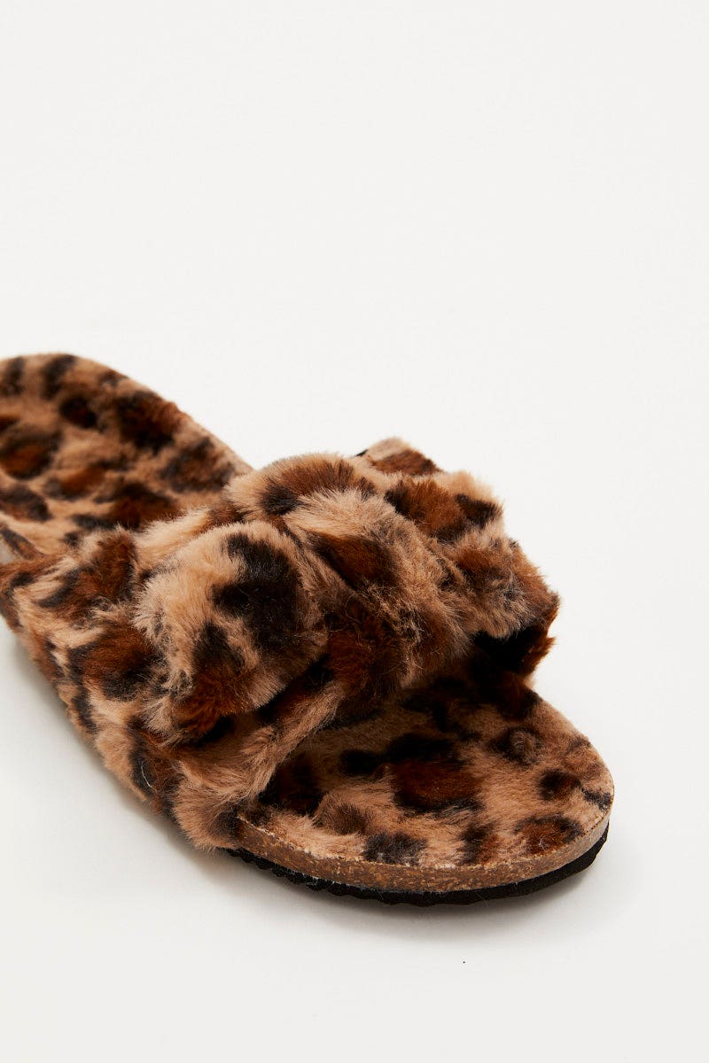 Print Plush Faux Fur Leopard Bow Detail Slippers