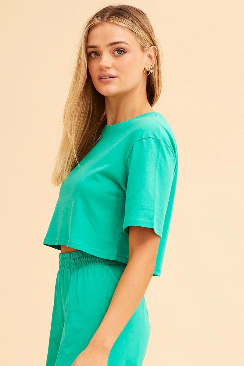 Green Jamie Cotton Jersey Crew Neck Cropped Tee
