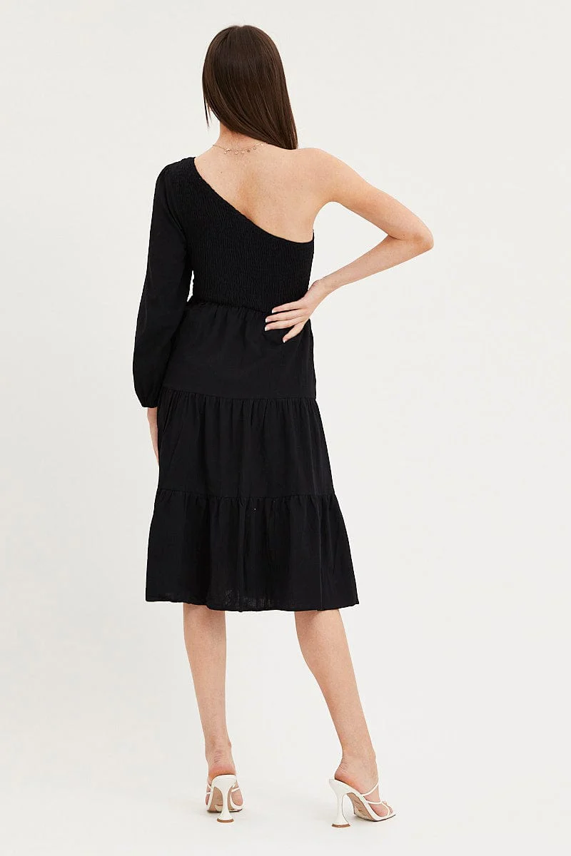 Black Dress One Shoulder Midi