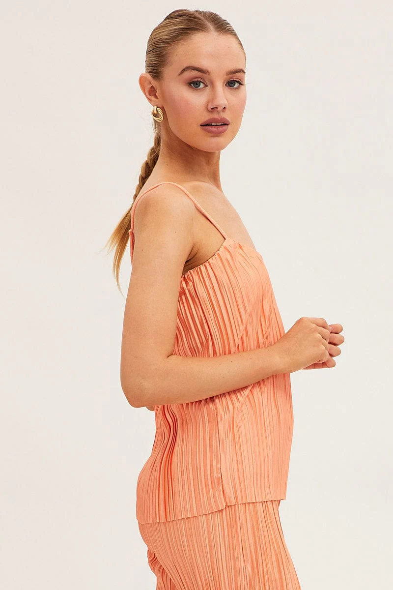 Orange Plisse Cami Sleeveless Scoop Neck