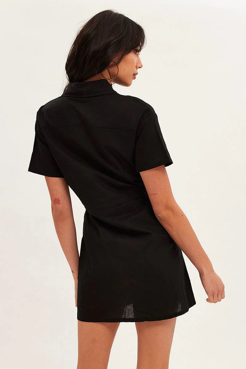 Black Shirt Dress Pocket Short Sleeve Button Front