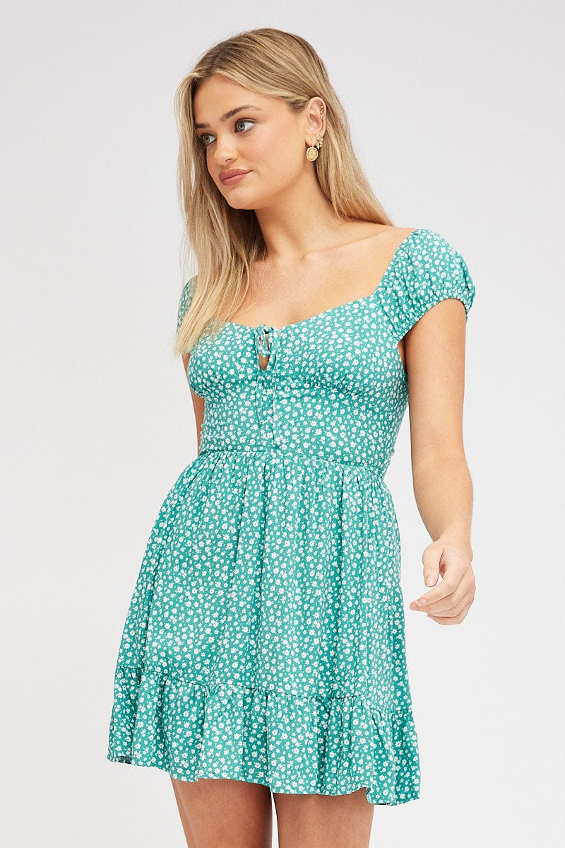 Green Ditsy Fit And Flare Dress Mini